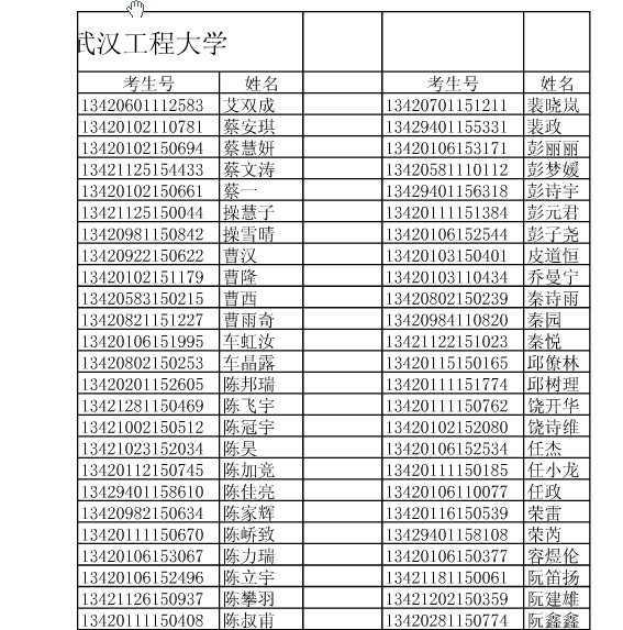 武汉工程大学2013年自主招生入围考生名单公