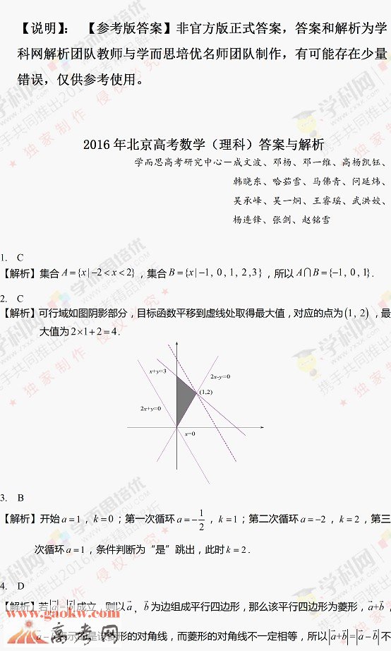 2016年北京高考理科数学试题及答案(图片)_北