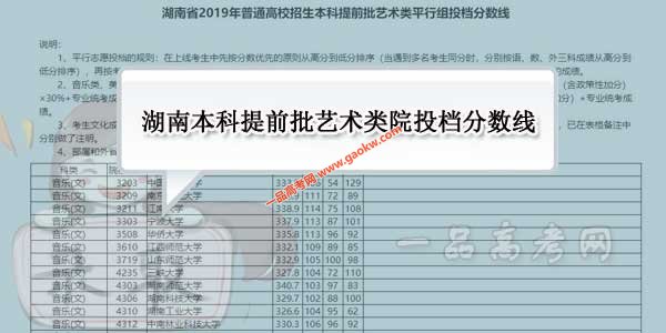 湖南省2019年高考本科提前批艺术类院投档分数线（平行组）